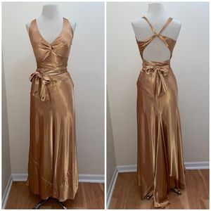 Vintage Cache V Neck Twist Tie Gold Goddess Draped Gown Size Small